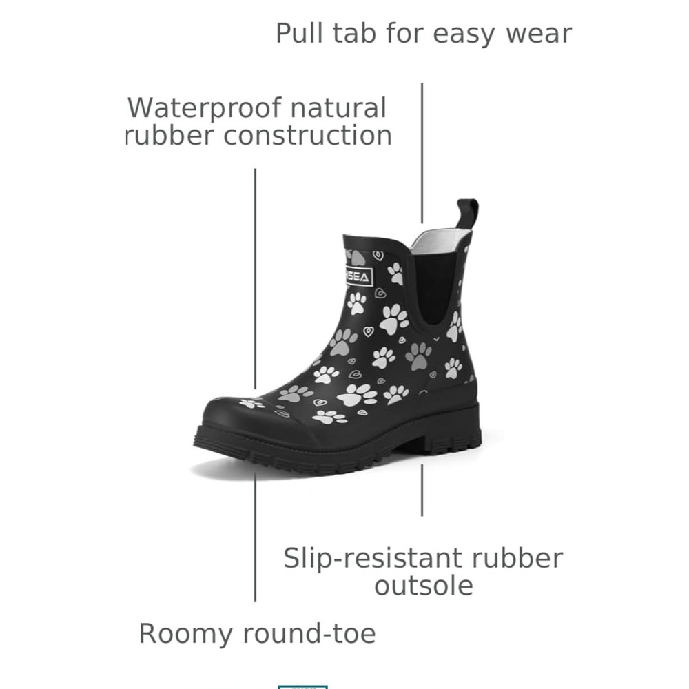 Norty Rain Boots Women 8 Black Paw Print Waterproof Chelsea Lug Sole 654 NWT - Picture 15 of 16